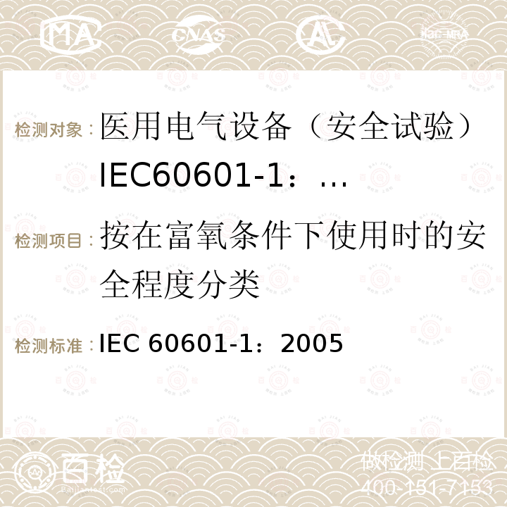 按在富氧条件下使用时的安全程度分类 医用电气设备 第1部分:一般要求的基本安全和基本性能 IEC 60601-1：2005