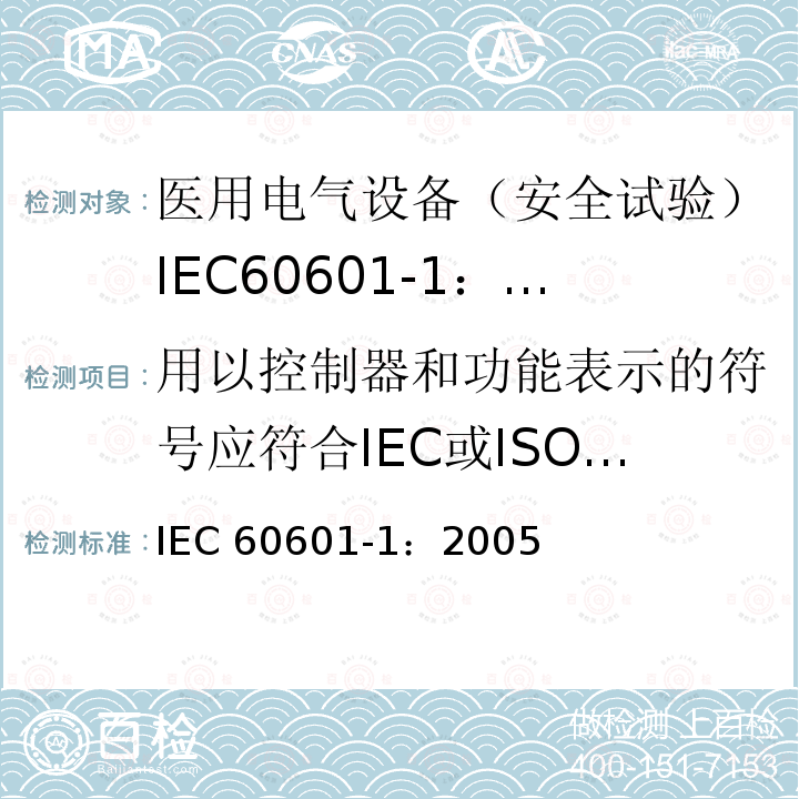 用以控制器和功能表示的符号应符合IEC或ISO定义 医用电气设备 第1部分:一般要求的基本安全和基本性能 IEC 60601-1：2005