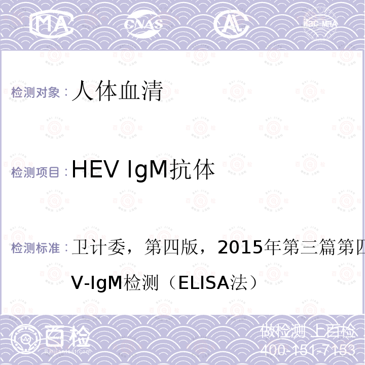 HEV IgM抗体 《全国临床检验操作规程》  卫计委，第四版，2015年第三篇第四章第五节二、抗HEV-IgM检测（ELISA法）