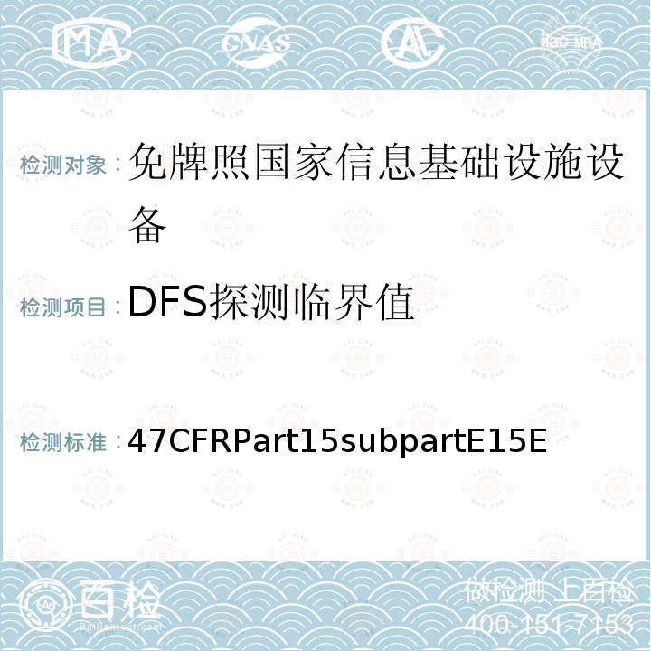 DFS探测临界值 免牌照国家信息基础设施设备 47CFRPart15subpartE15E