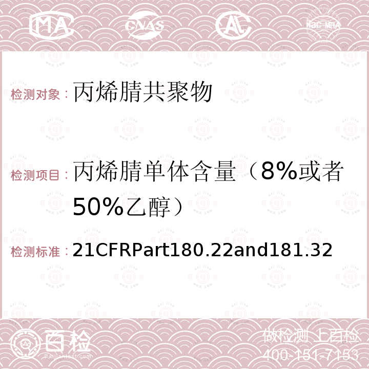 丙烯腈单体含量（8%或者50%乙醇） 丙烯腈共聚物美国FDA法规 21CFRPart180.22and181.32