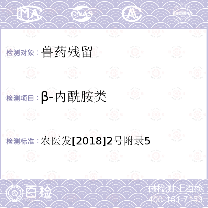 β-内酰胺类 动物性食品中β-内酰胺类药物残留检测－液相色谱-串联质谱法 农医发[2018]2号附录5