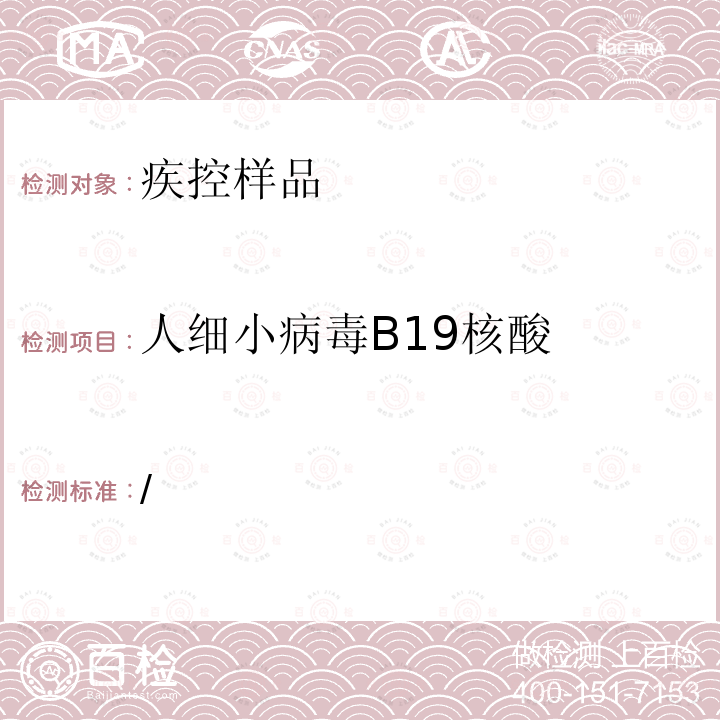 人细小病毒B19核酸 “艾滋病和病毒性肝炎等重大传染病防治”科技重大专项传染病监测技术平台项目《发热伴出疹症候群监测方案》中国疾病预防控制中心（2019版）  附件4 /