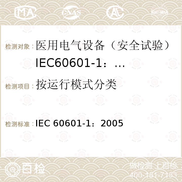 按运行模式分类 医用电气设备 第1部分:一般要求的基本安全和基本性能 IEC 60601-1：2005