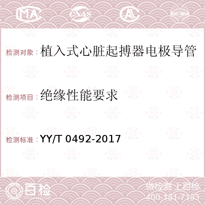 绝缘性能要求 植入式心脏起搏器电极导管 YY/T 0492-2017