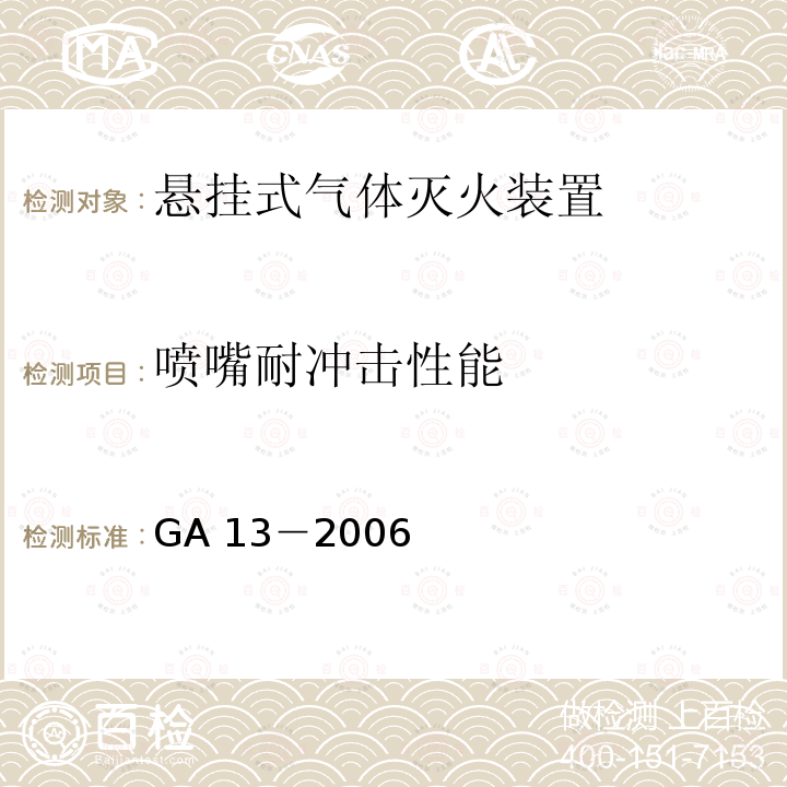 喷嘴耐冲击性能 《悬挂式气体灭火装置》 GA 13－2006