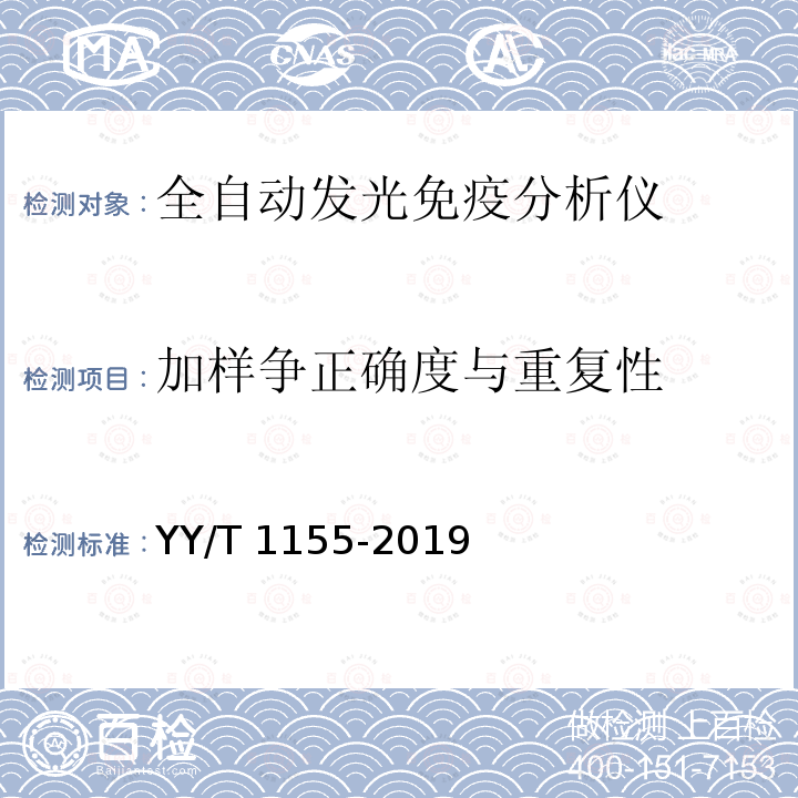 加样争正确度与重复性 全自动发光免疫分析仪 YY/T 1155-2019