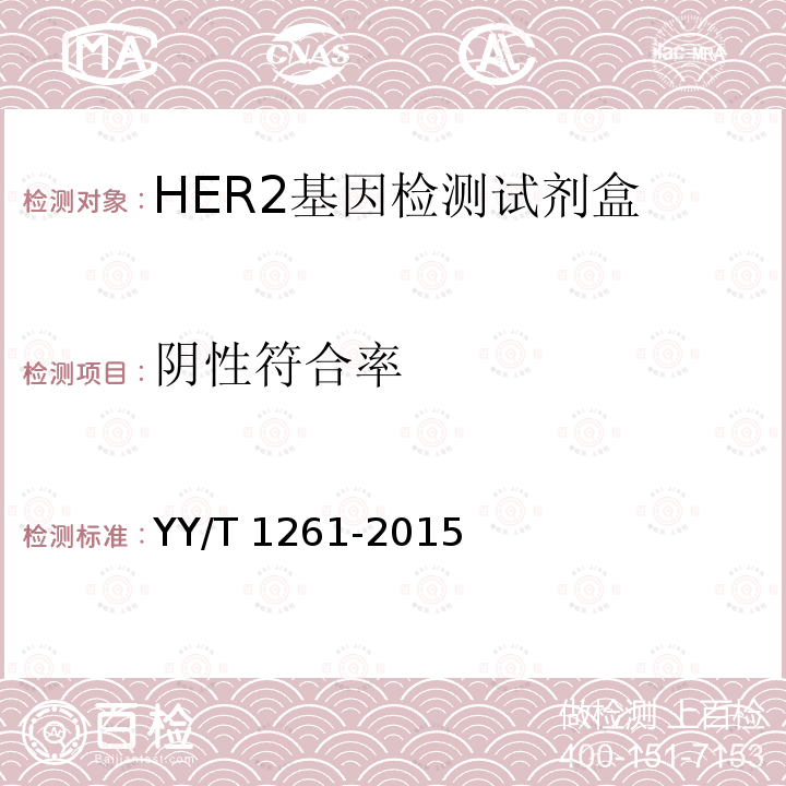 阴性符合率 HER2基因检测试剂盒（荧光原位杂交法） YY/T 1261-2015