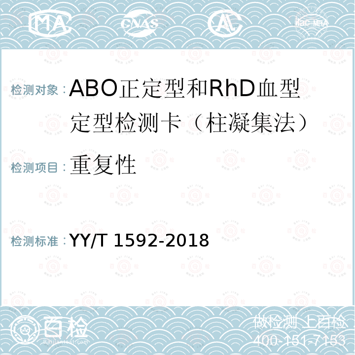 重复性 ABO正定型和RhD血型定型检测卡（柱凝集法） YY/T 1592-2018
