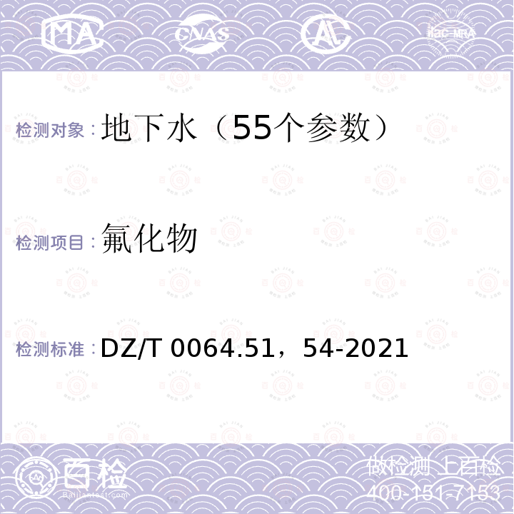 氟化物 地下水质分析方法 第51部分：氯化物、氟化物、溴化物、硝酸盐和硫酸盐的测定离子色谱法地下水质分析方法 第54部分：氟化物的测定离子选择电极法 DZ/T 0064.51，54-2021