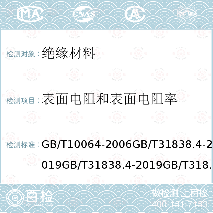 表面电阻和表面电阻率 固体绝缘材料 介电和电阻特性 第4部分：电阻特性(DC方法) 绝缘电阻 GB/T10064-2006GB/T31838.4-2019GB/T31838.4-2019GB/T31838.4-2019IEC62631-3-3：2015