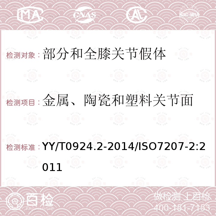 金属、陶瓷和塑料关节面 外科植入物 部分和全膝关节假体部件  第2部分：金属、陶瓷和塑料关节面 YY/T0924.2-2014/ISO7207-2:2011