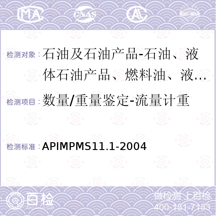 数量/重量鉴定-流量计重 一般原油、精炼油和润滑油的温度和压力体积修正系数 APIMPMS11.1-2004