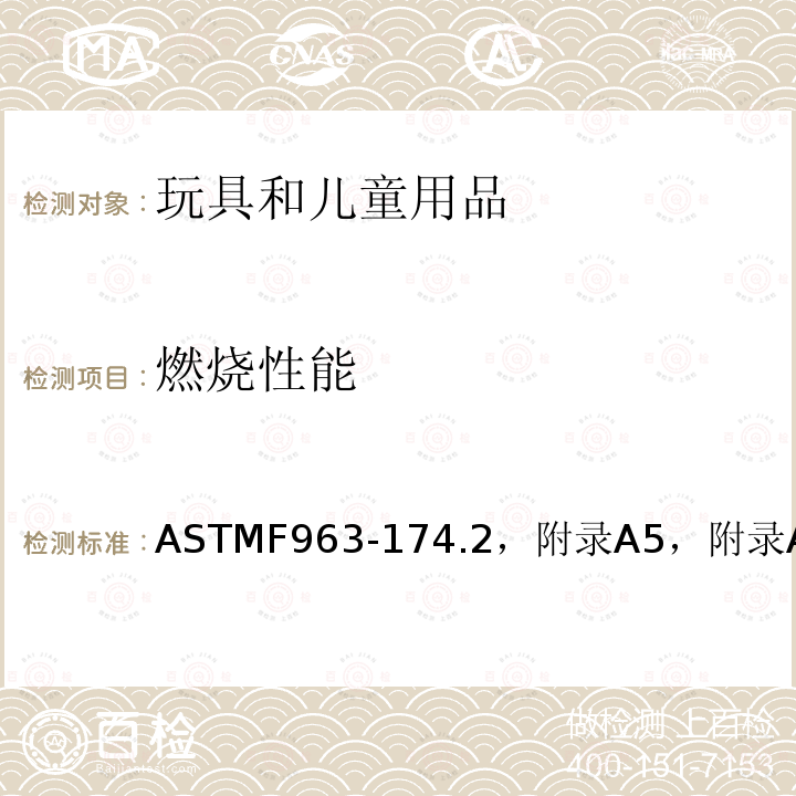 燃烧性能 标准消费者安全规范：玩具安全 ASTMF963-174.2，附录A5，附录A6