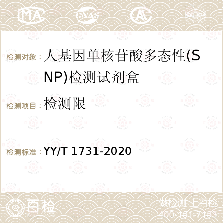 检测限 人基因单核苷酸多态性(SNP)检测试剂盒 YY/T 1731-2020