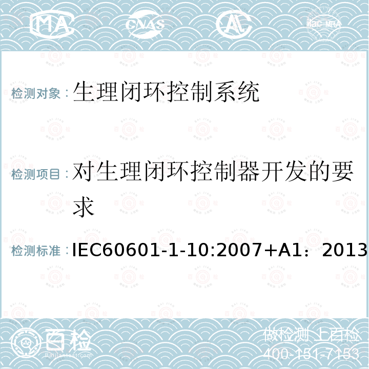 对生理闭环控制器开发的要求 医用电气设备 第1-10部分：基本安全和基本性能的通用要求 并列标准：生理闭环控制器开发要求 IEC60601-1-10:2007+A1：2013
