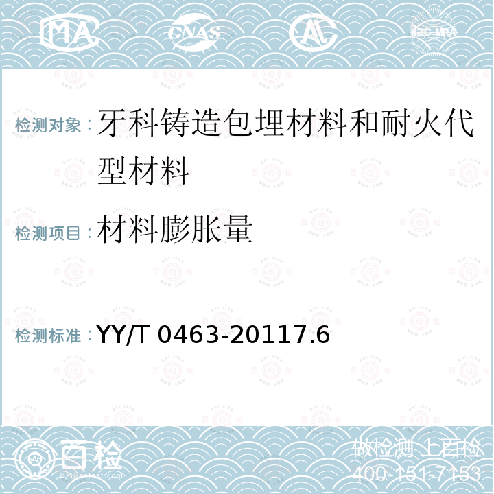 材料膨胀量 《牙科学 铸造包埋材料和耐火代型材料》 YY/T 0463-20117.6