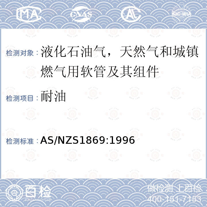 耐油 液化石油气，天然气和城镇燃气用软管及其组件 AS/NZS1869:1996