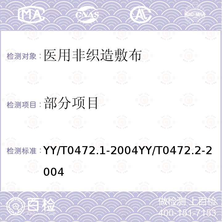 部分项目 医用非织造敷布试验方法 第1部分：敷布生产用非织造布                                 医用非织造敷布试验方法 第2部分：成品敷布 YY/T0472.1-2004YY/T0472.2-2004