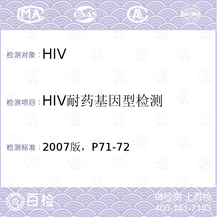 HIV耐药基因型检测 WHO“HIV耐药监测指南”2007版，P71-72 2007版，P71-72