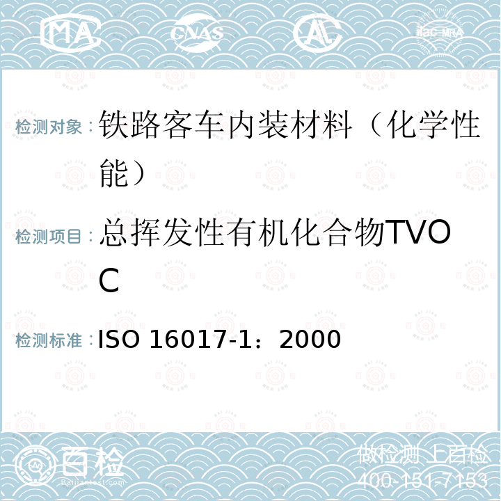 总挥发性有机化合物TVOC 室内、环境和工作场所空气—通过吸附管/热脱附/毛细管气相色谱对挥发性有机化合物的取样和分析—第1部分：抽气取样 ISO 16017-1：2000
