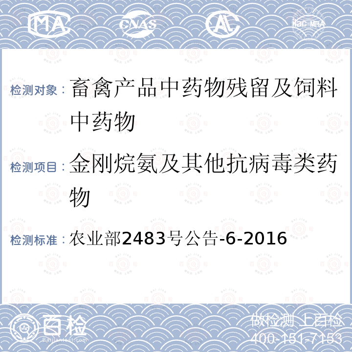 金刚烷氨及其他抗病毒类药物 饲料中金刚烷胺和金刚乙胺的测定 液相色谱-串联质谱法 农业部2483号公告-6-2016