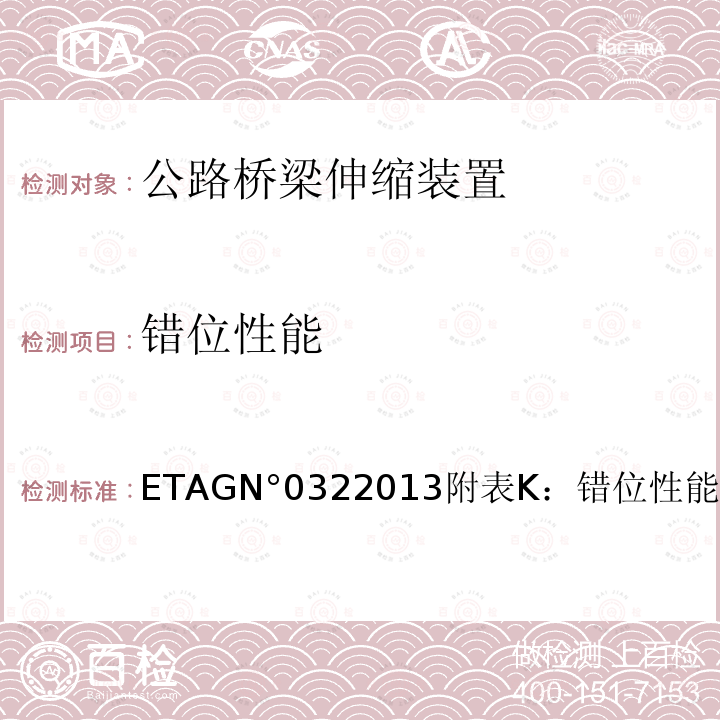 错位性能 欧洲技术标准指南公路桥梁伸缩装置的应用 第1部分：总则 ETAGN°0322013附表K：错位性能试验