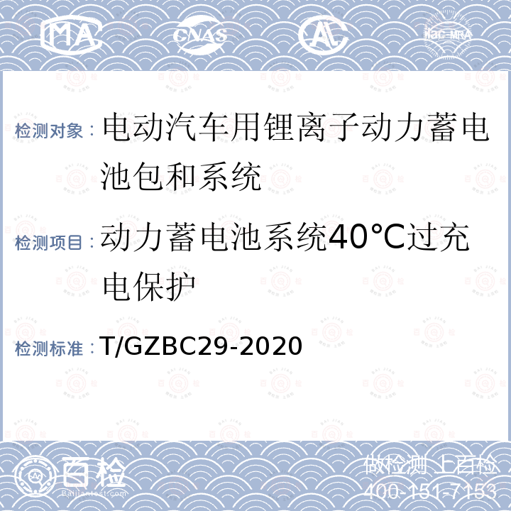 动力蓄电池系统40℃过充电保护 亚热带湿热气候环境下的纯电动乘用车技术规范 T/GZBC29-2020