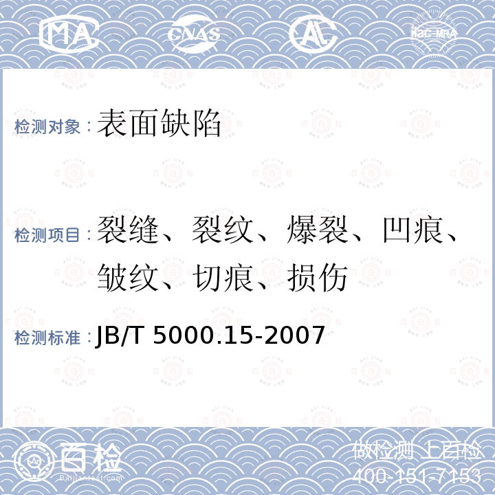 裂缝、裂纹、爆裂、凹痕、皱纹、切痕、损伤 重型机械通用技术条件锻钢件无损探伤 JB/T 5000.15-2007