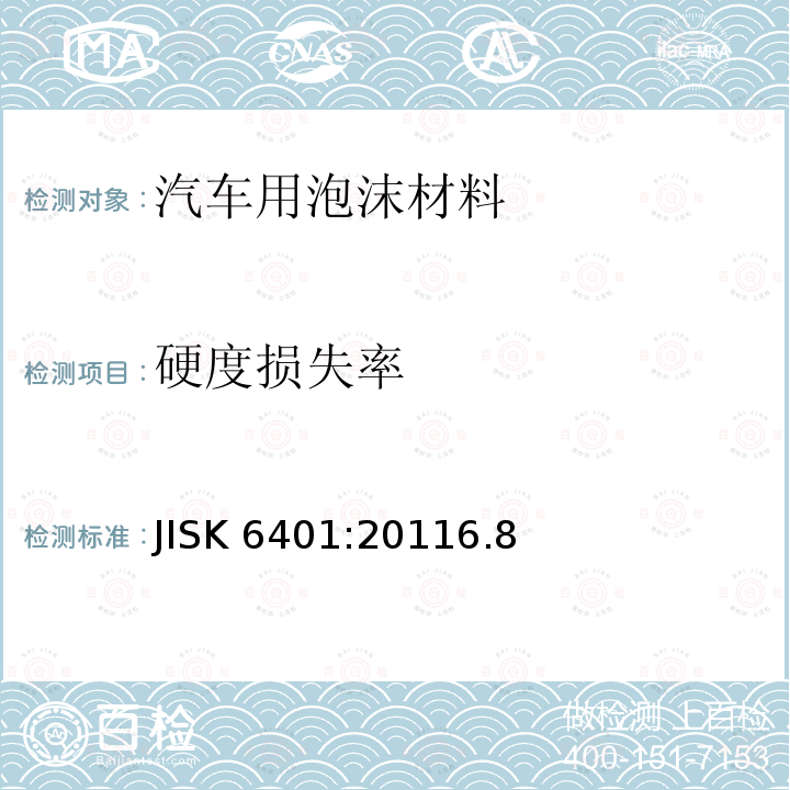 硬度损失率 软质聚合材料-聚氨酯泡沫 JISK 6401:20116.8