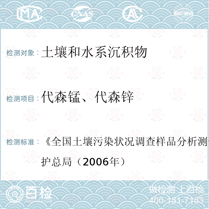 代森锰、代森锌 气相色谱法(电子捕获检测器) 《全国土壤污染状况调查样品分析测试技术规定》国家环境保护总局（2006年）