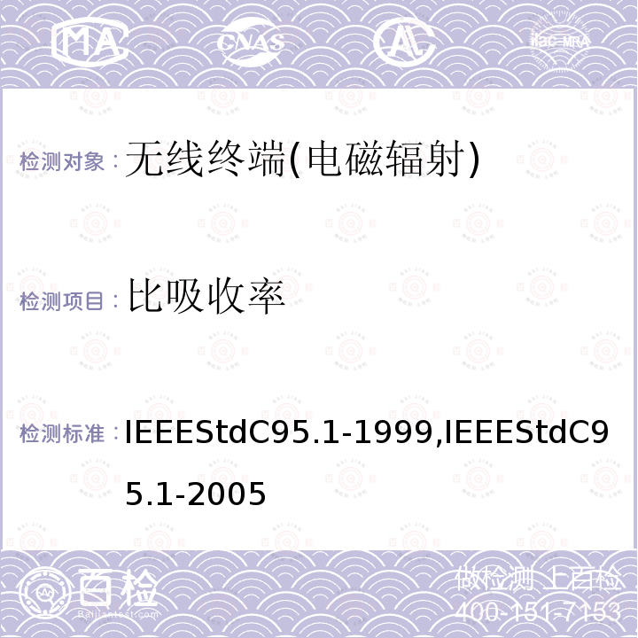 比吸收率 IEEE标准》 IEEESTDC95.1-1999 《与曝露在3kHz～300GHz射频电磁场相关的人体安全等级的IEEE标准》 IEEEStdC95.1-1999,IEEEStdC95.1-2005