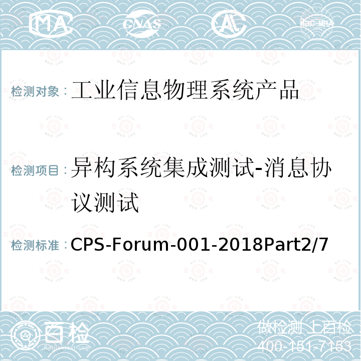 异构系统集成测试-消息协议测试 信息物理系统共性关键技术测试规范 第二部分：CPS异构系统集成测试 CPS-Forum-001-2018Part2/7