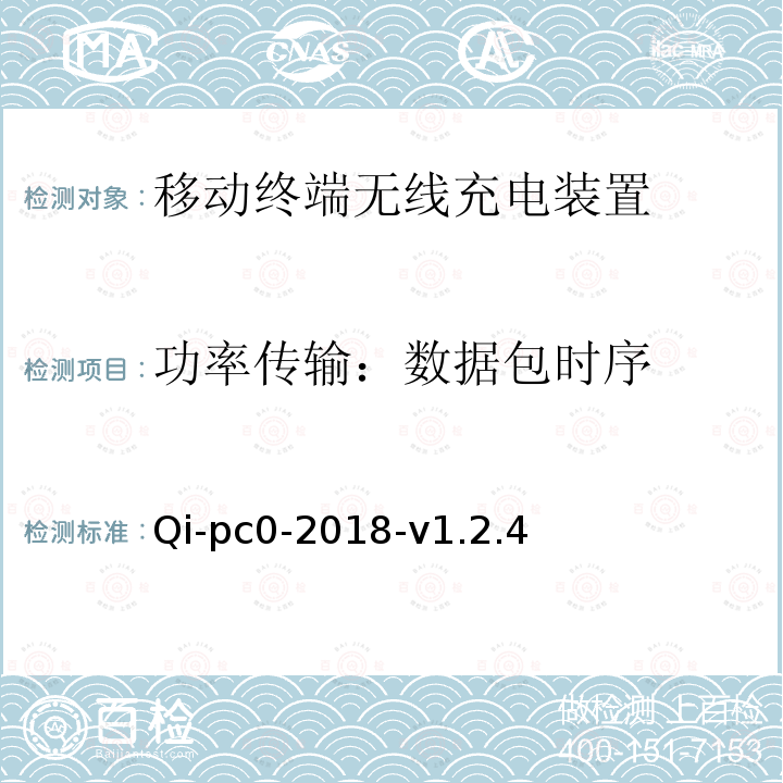 功率传输：数据包时序 无线充电测试规范第3部分符合性测试-无线充电联盟 标准条款5.3.5.2 Qi-pc0-2018-v1.2.4