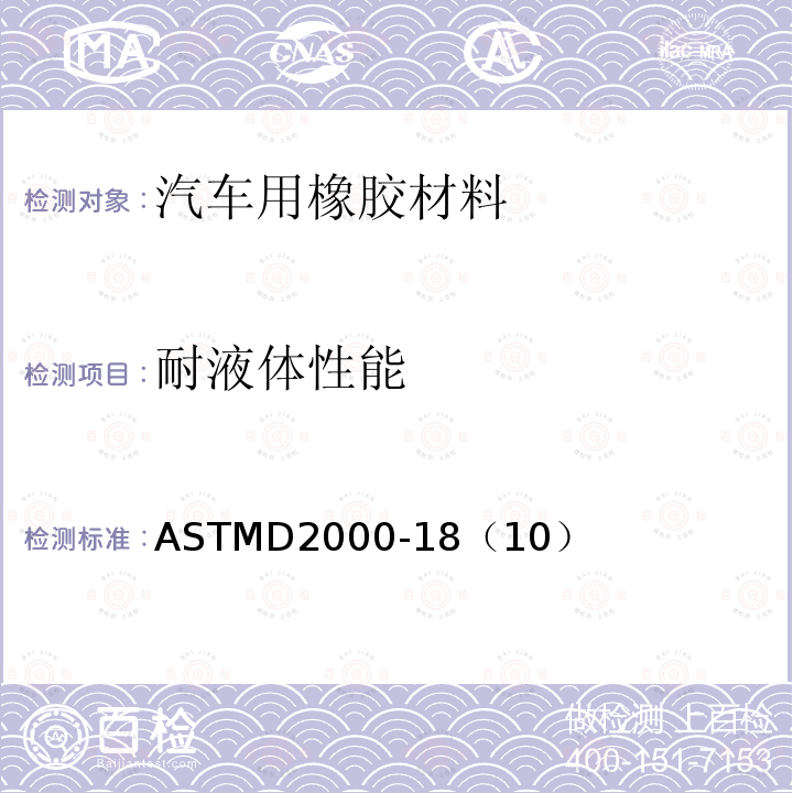 耐液体性能 汽车用橡胶制品的标准分类系统 ASTMD2000-18（10）