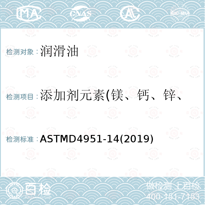 添加剂元素(镁、钙、锌、铜、磷、钡、硼、钼、硫) 润滑油中添加剂元素含量的测定 电感耦合等离子体原子发射光谱法 ASTMD4951-14(2019)
