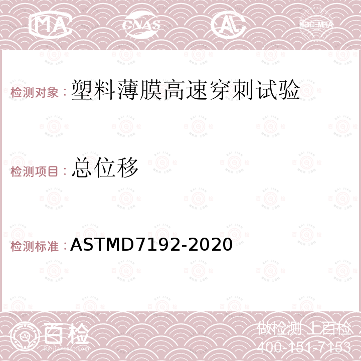 总位移 使用载荷和位移传感器测定塑料薄膜高速穿刺性能的标准测试方法 ASTMD7192-2020