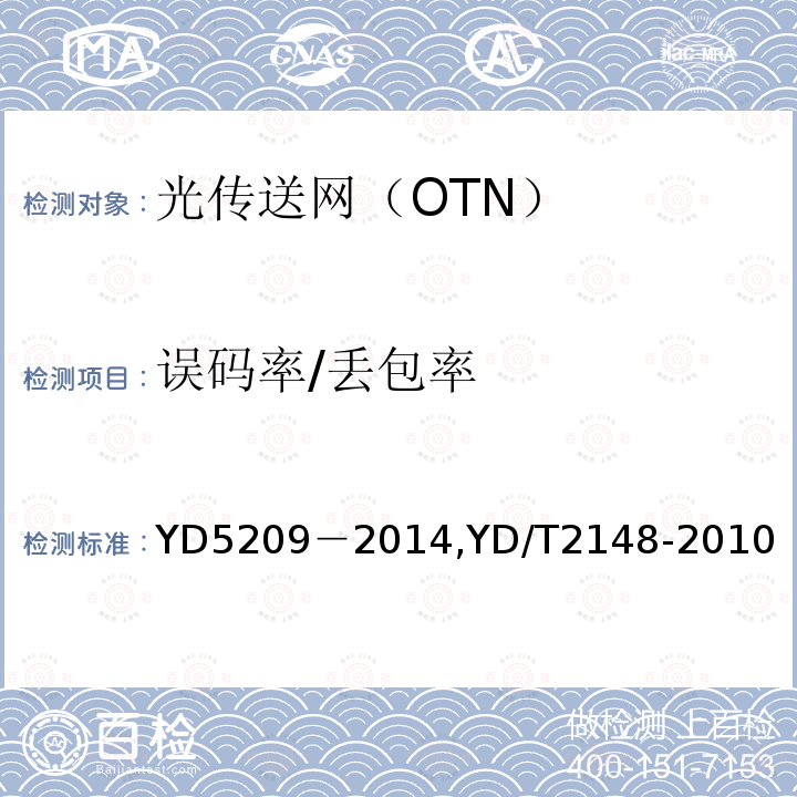 误码率/丢包率 《光传送网(OTN)工程验收暂行规定》《光传送网（OTN）测试方法》 YD5209－2014,YD/T2148-2010