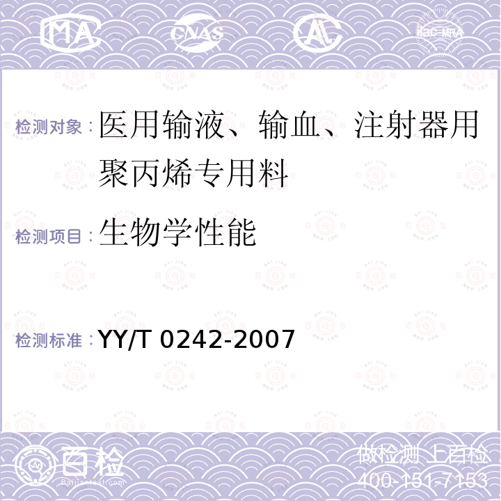 生物学性能 医用输液、输血、注射器用聚丙烯专用料 YY/T 0242-2007