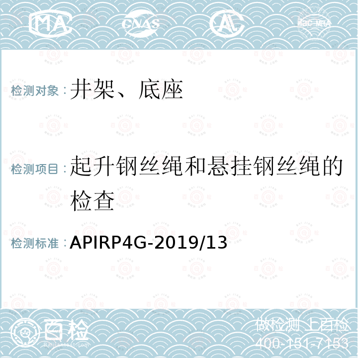 起升钢丝绳和悬挂钢丝绳的检查 石油天然气钻采设备 钻井和修井井架、底座的检查、维护、修理与使用 APIRP4G-2019/13
