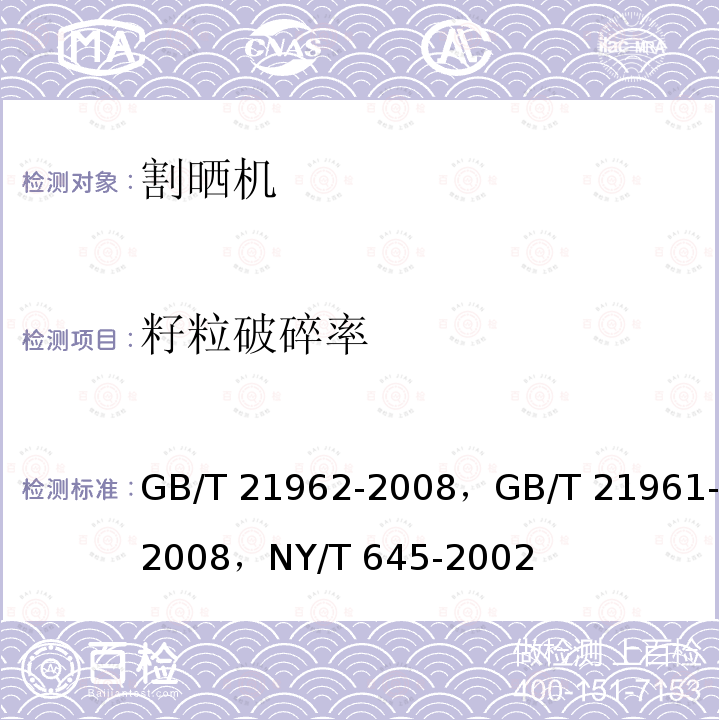 籽粒破碎率 GB/T 21962-2008 玉米收获机械 技术条件