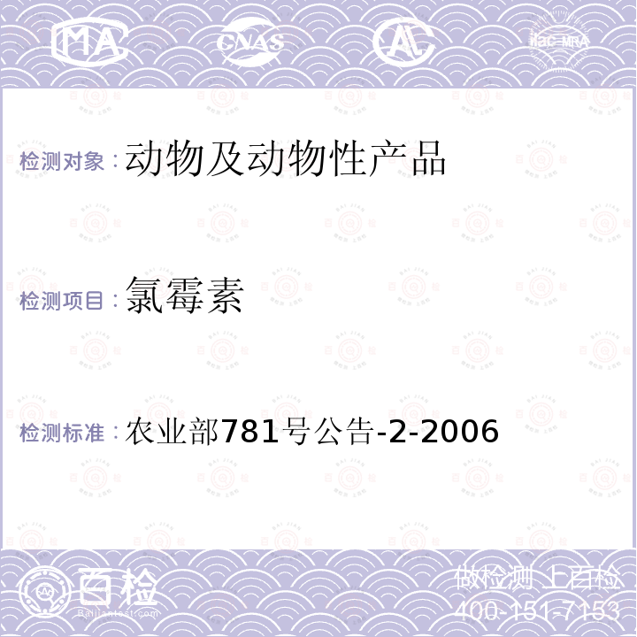 氯霉素 *《动物源食品中氯霉素残留量的测定高效液相色谱-串联质谱法》 农业部781号公告-2-2006