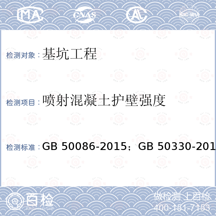 喷射混凝土护壁强度 《岩土锚杆与喷射混凝土支护工程技术规范》；《建筑边坡工程技术规范》 GB 50086-2015；GB 50330-2013