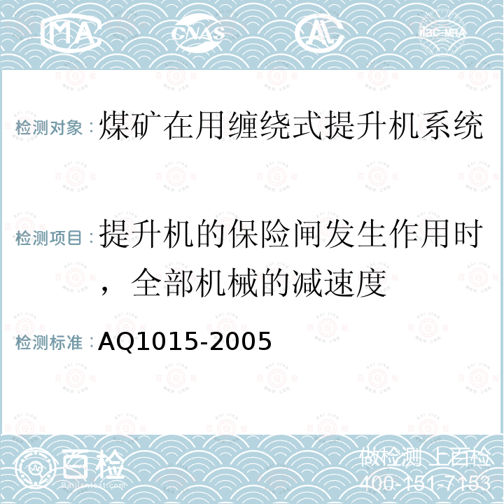 提升機的保險閘發生作用時，全部機械的減速度 Q 1015-2005 煤礦在用纏繞式提升機系統安全檢測檢驗規范 AQ1015-2005