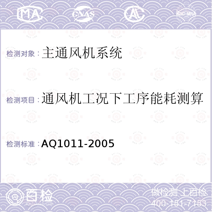 通风机工况下工序能耗测算 Q 1011-2005 《煤矿在用主通风机系统安全检测检验规范》 AQ1011-2005