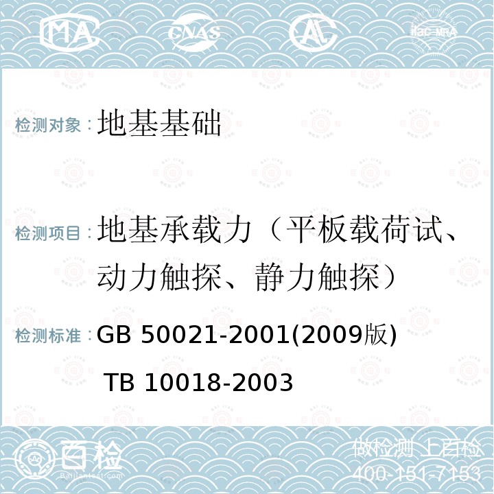 地基承载力（平板载荷试、动力触探、静力触探） GB 50021-2001 岩土工程勘察规范(附条文说明)(2009年版)(附局部修订)