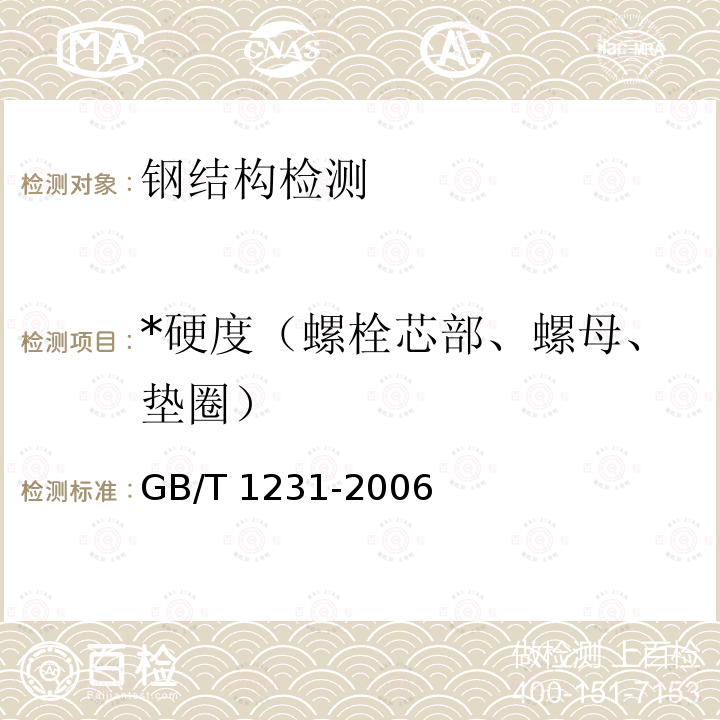 *硬度（螺栓芯部、螺母、墊圈） GB/T 1231-2006 鋼結構用高強度大六角頭螺栓、大六角螺母、墊圈技術條件