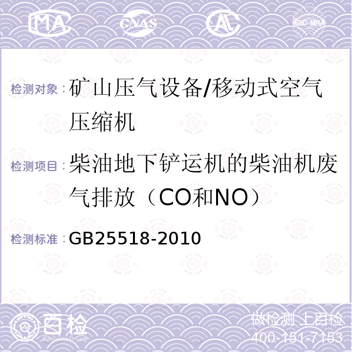 柴油地下铲运机的柴油机废气排放（CO和NO） GB 25518-2010 地下铲运机 安全要求