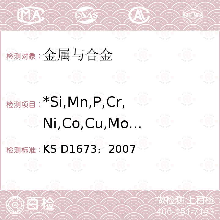 *Si,Mn,P,Cr,Ni,Co,Cu,Mo,V,Ti,Al KS D1673-2007 《钢铁 感应结合等离子发光分光分析方法》 KS D1673：2007