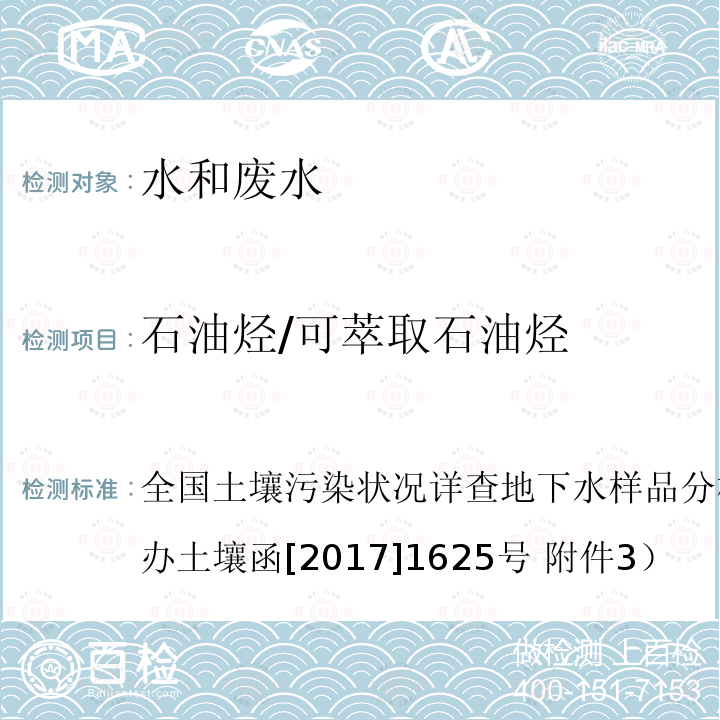 石油烃/可萃取石油烃 全国土壤污染状况详查地下水样品分析测试方法技术规定（环办土壤函[2017]1625号 附件3） 全国土壤污染状况详查地下水样品分析测试方法技术规定（环办土壤函[2017]1625号 附件3）